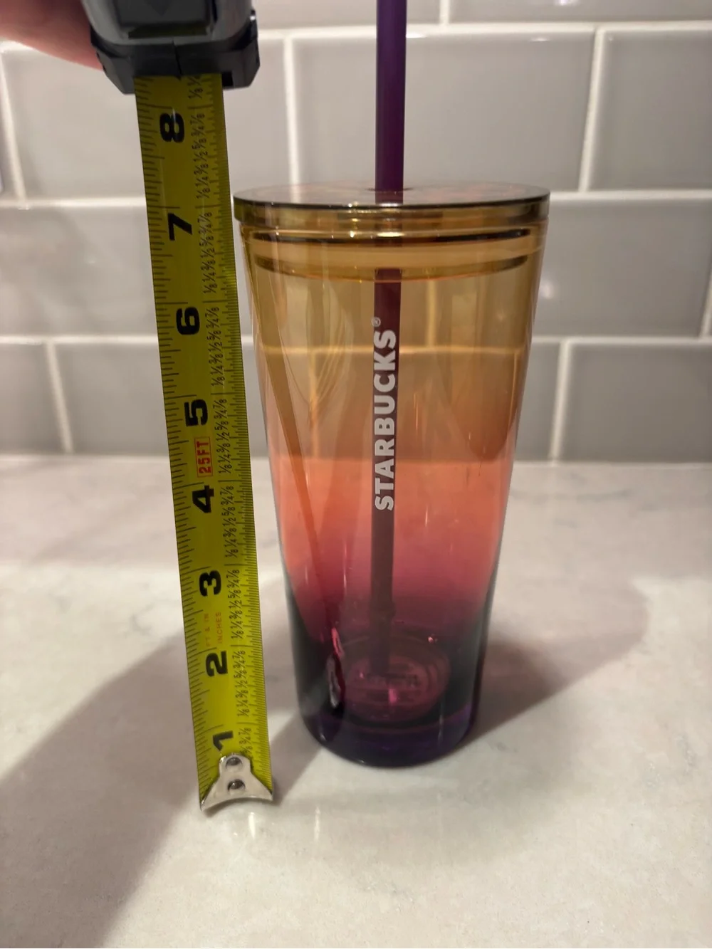 Starbucks 2021 Sunset Ombre 18 oz glass Cup with Leopard Lid and Purple straw